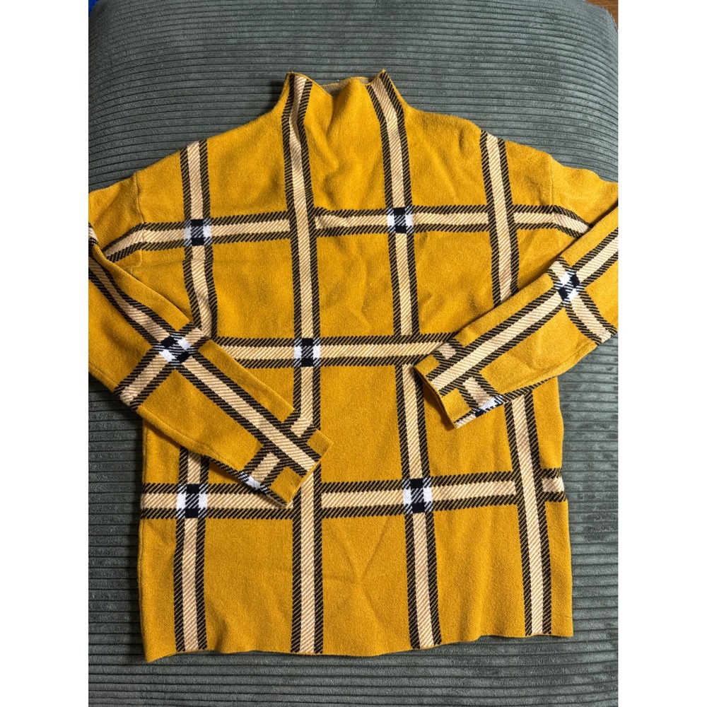 Tahari Yellow Plaid Mock Neck Long Sleeve‎ Sweater Top Women's Size S